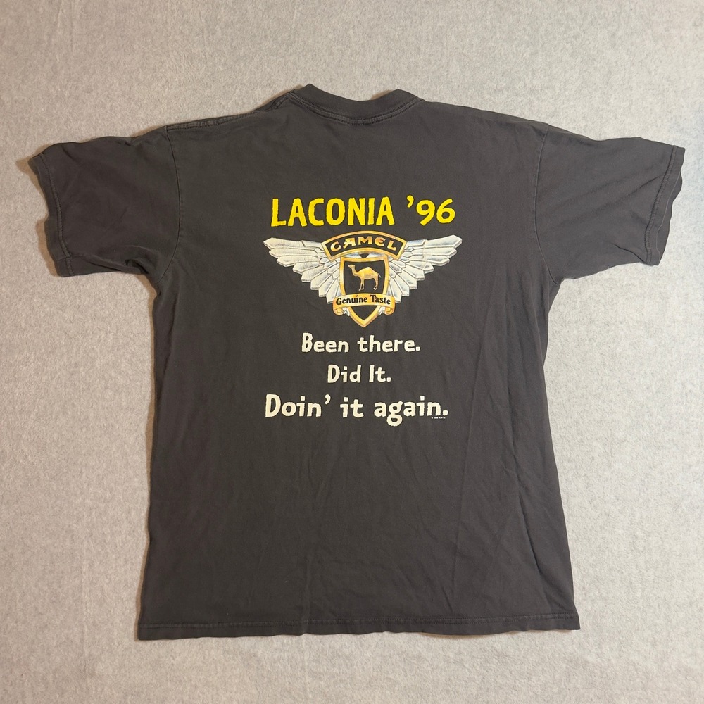 Vintage 1996 Camel Laconia Bike Week T Shirt XL Black Pocket Tee Roadhouse USA